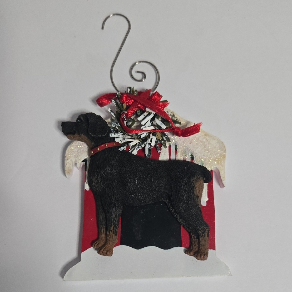 Rottweiler Dog Resin Ornament with Red House Accent